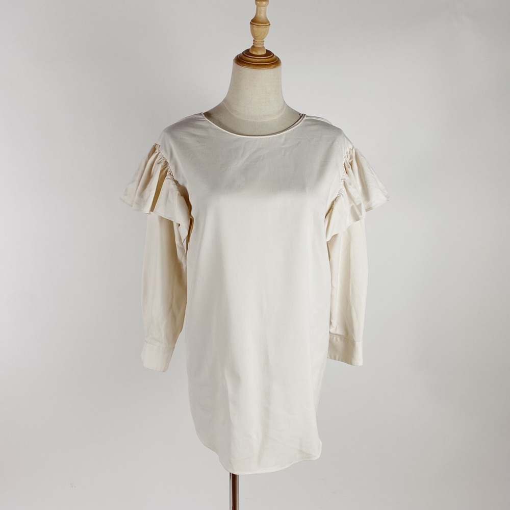 ZARA Ruffle Sleeve V-Back Blouse Cream Womens XS